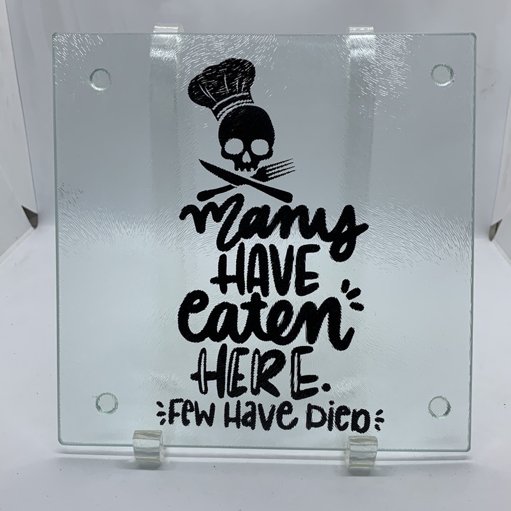 Glass Cutting Board Trivet Chef Hat Skull & Crossbones MANY HAVE EATEN HERE